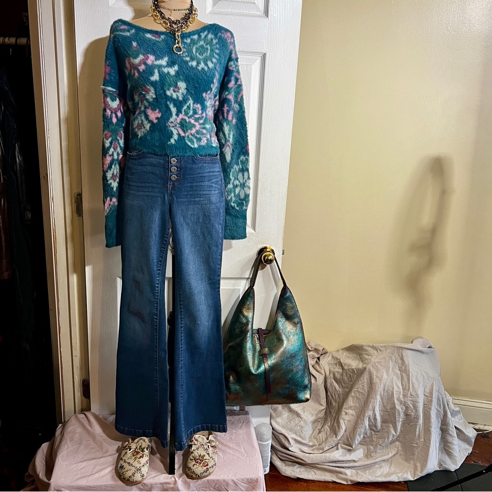 New Wms Anthropologie Daily Practice‎ Boho Floral Furry Cutout Tie Sweater S